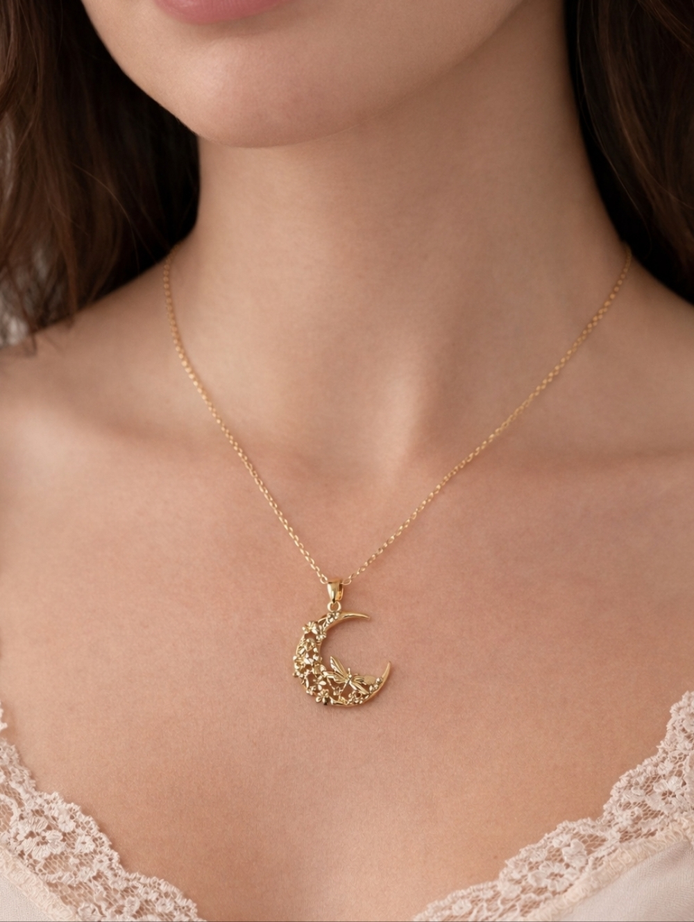Gold Crescent Moon Butterfly Necklace Dainty Celestial Jewelry Fairycore